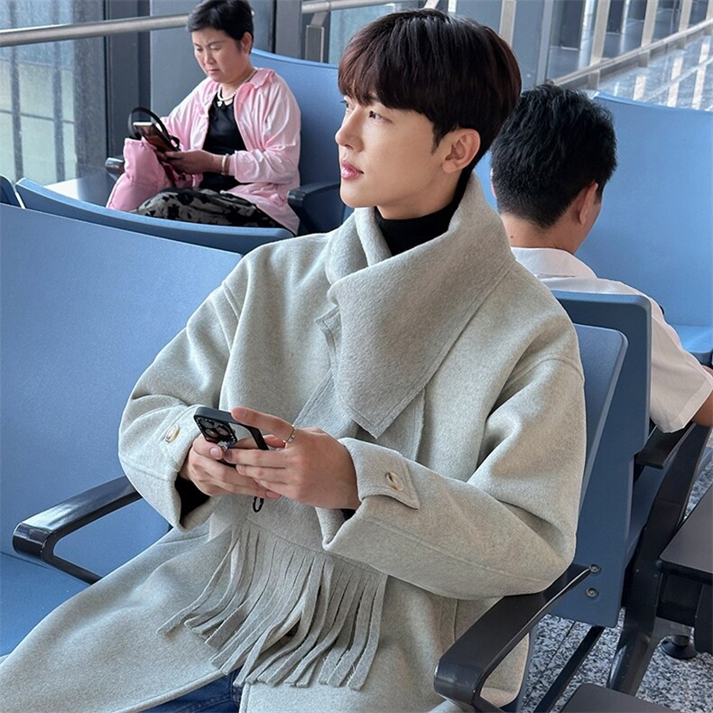 韩系围脖款毛呢大衣韩版中长款风衣宽松外套912-FY121P128，男装风衣，星座903-1