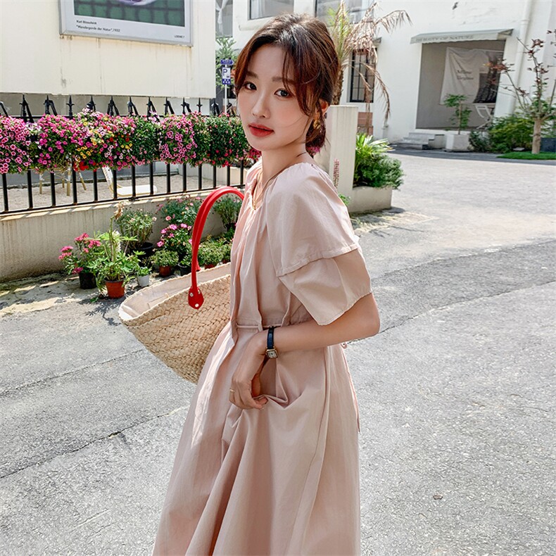 【现货】韩版泡泡袖皱褶设计套头抽绳连衣裙5039P115K178，女装连衣裙，2C166