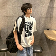 抖音得物高品质二开240克宽松纯棉美式潮牌三条杠织带短袖T恤，男装T恤，电商A486