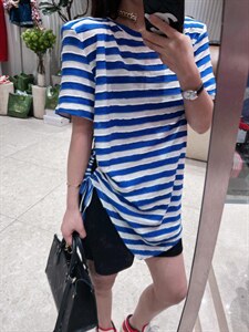 夏季新款 条纹不规则抽绳短袖图片