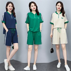 时尚短袖短裤女夏2024新款韩版宽松显瘦休闲运动服跑步,奶茶色短裤怎么搭配图片