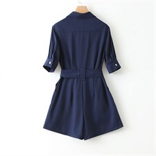 藏青工装连体裤女2021年夏季新款小个子绑带高腰显瘦阔腿连衣短裤，女装连体裤，艾乐芳