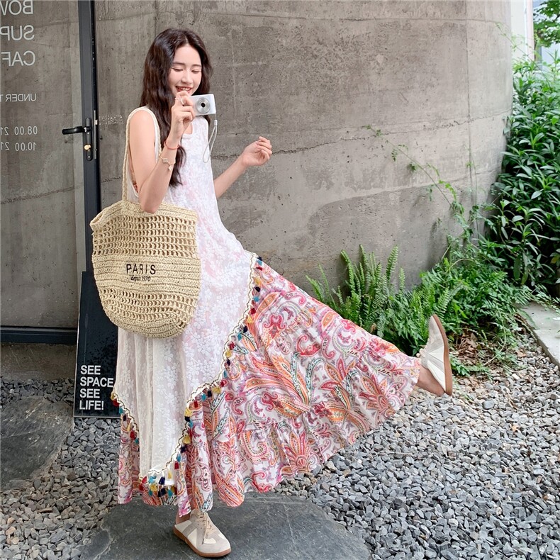 波西米亚风吊带连衣裙套装女夏2025新款不规则流苏刺绣罩衫两件套,女装连衣裙,2C177