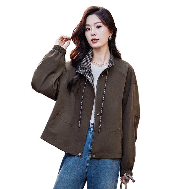 高级感格子拼接抽绳立领短款夹克外套女2025秋季宽松时尚洋气上衣,女装短外套,靓衣阁