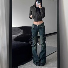 复古低腰口袋工装微喇叭裤子女2025年春秋辣妹设计感工装牛仔裤潮，男装牛仔裤，星座1210-1