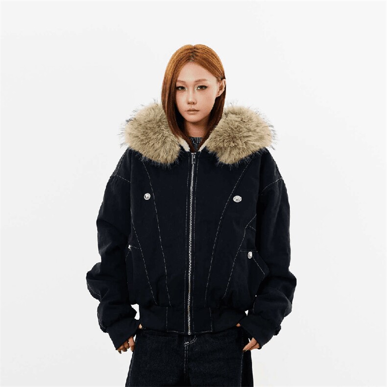 现货重磅boxy短款棉衣座山雕大毛毛领男女棉服水洗工装厚外套，男装棉衣，电商A486-1