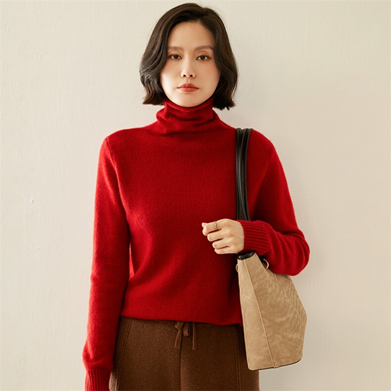 一线成型~无缝堆堆领山羊绒衫女软糯高领宽松套头针织打底衫毛衣,女装羊绒衫,纳丰羊绒