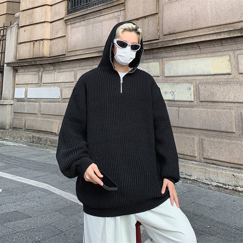 卡其色针织连帽卫衣男半拉链打底衫慵懒风高级感毛衣MF05P55,男装T恤,电商D256