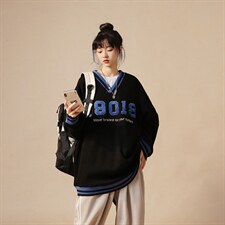 胖子日系V领卫衣大码慵懒风F9018上衣 WY126 P75限98图片