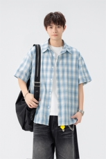 特批P27无差价2025夏季新款百搭蓝色格子短袖宽松衬衫男CD5503，男装衬衫，电商A001-1
