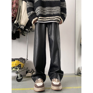 3秋冬直筒显瘦黑色PU皮皮裤宽松百搭阔腿裤男XZ211-1-K2349-P65图片