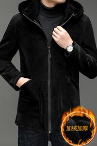X2178秋冬新款海宁男士羊剪绒中长款羊毛大衣外套夹克连帽1020图片