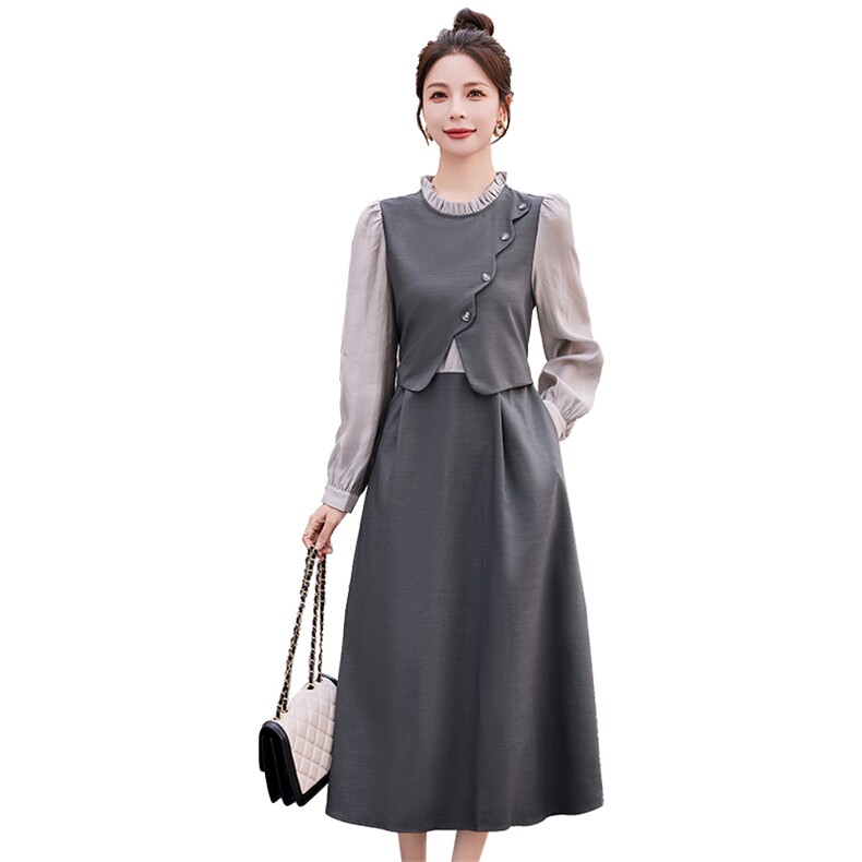 假两件拼接连衣裙女2025春季新款法式复古温柔风洋气减龄a字长裙,女装连衣裙,韩蜜菓