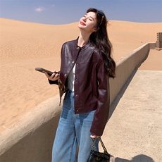 韩系复古皮衣外套女2025秋季新款小个子红棕色设计感百搭皮夹克，女装皮衣，2C170