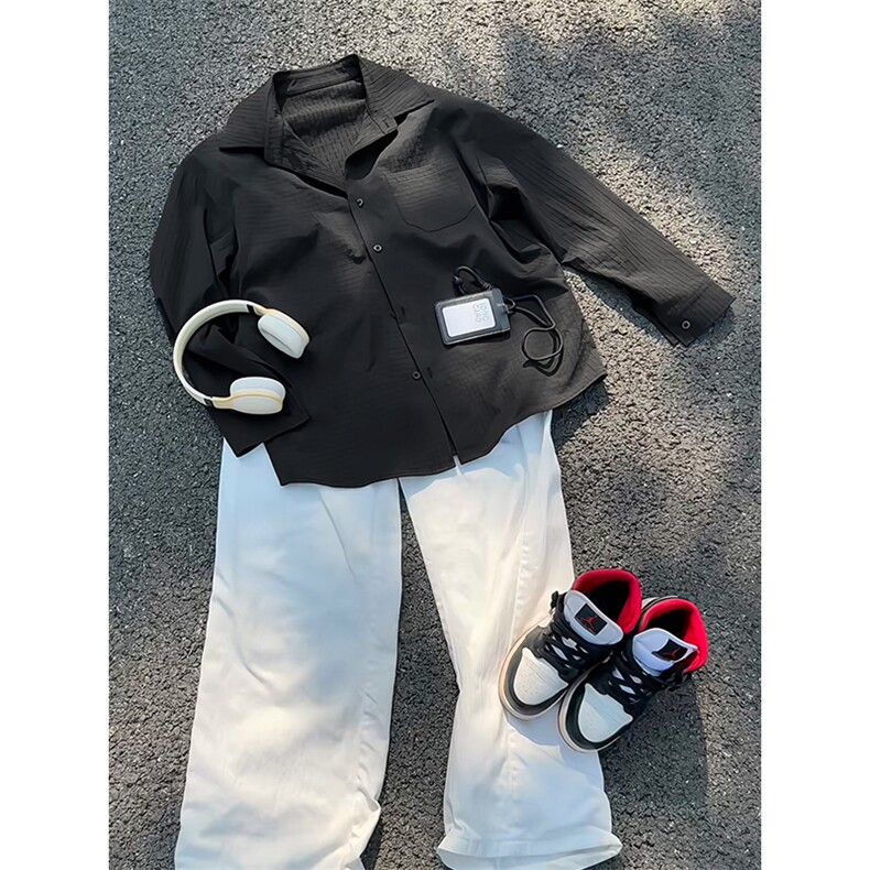 新款纹理感纯色长袖大码翻领复古时尚衬衫外套男C5461-特P38控75，男装衬衫，电商A001-1