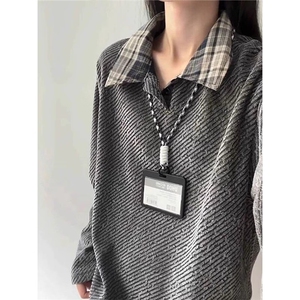 现货 美式宽松雪尼尔长袖V领撞色长袖打底衫W3266/特P32图片