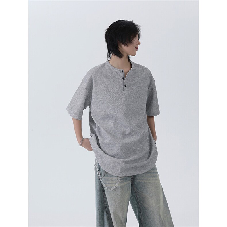 港风日系夏季新款三粒扣亨利领短袖T恤设计感XZ213-TX02-P25控39,男装T恤,星座213