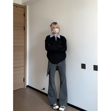 现货蓝色格子拼接翻领T恤长袖上衣情侣款男女CX02-TP35，男装T恤，星座910A