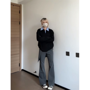 现货蓝色格子拼接翻领T恤长袖上衣情侣款男女 CX02-TP35图片