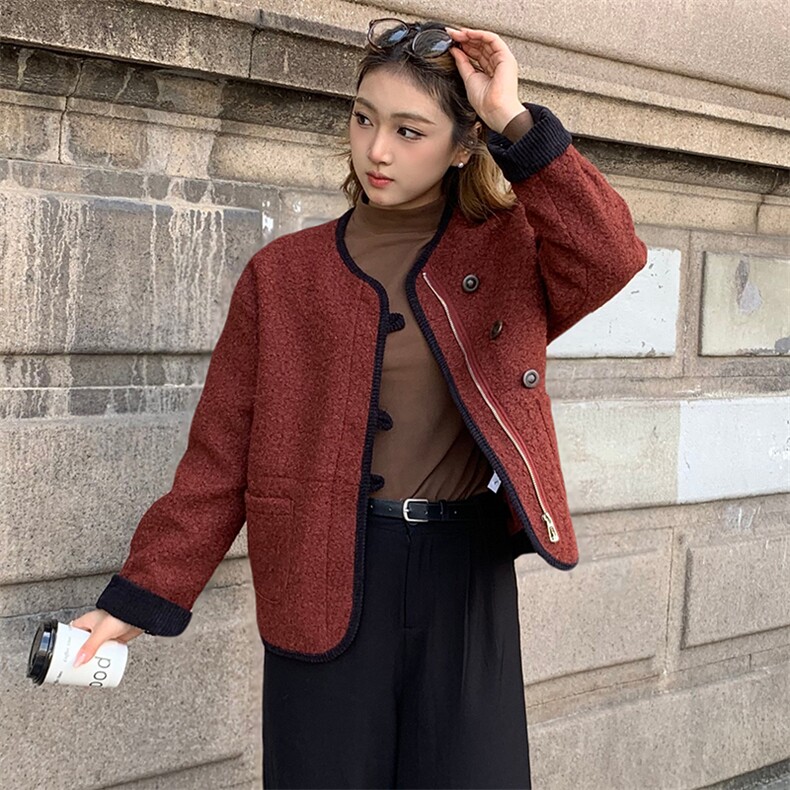 2024冬季新款原创设计长袖大口袋时尚小个子加棉短外套女,女装短外套,天丝秀