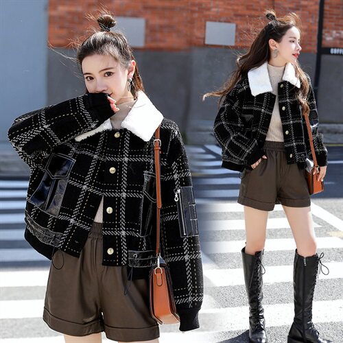 重工格纹毛呢短款外套女2025春秋新款仿羊羔毛翻领PU皮拼接呢子外套图片