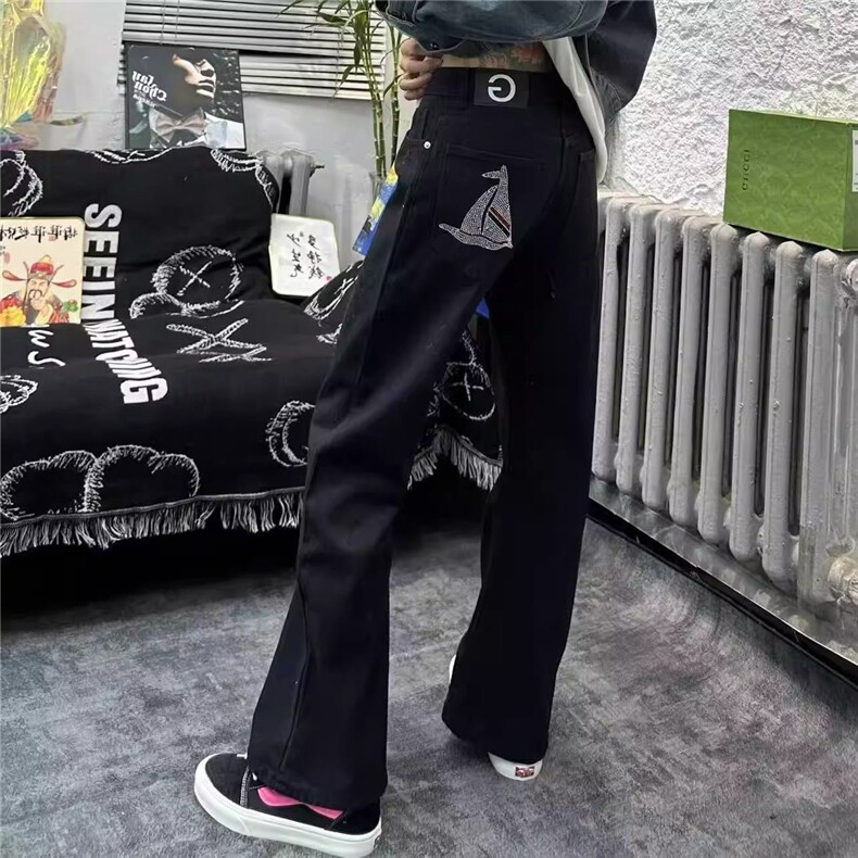 美式烫钻帆船刺绣牛仔裤男黑色休闲气质潮牌流行修身直筒微喇长裤图片
