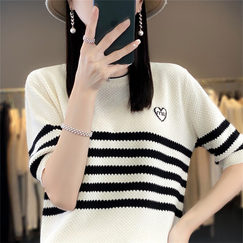 100%纯棉线条纹短袖t恤女撞色拼接夏季全棉麻复古半袖针织衫上衣,针织衫/毛衣,斯美雅电商供货