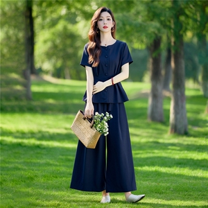 棉麻休闲套装女2026夏装新款时尚洋气收腰显瘦阔腿裙裤两件套图片