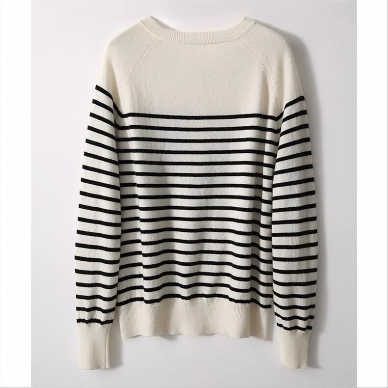 法式复古条纹35%羊绒针织衫宽松半开圆领打底慵懒风毛衣，女装羊绒衫，以美红杉羊绒
