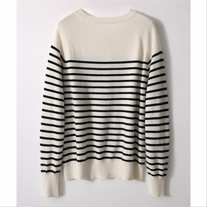 法式复古条纹35%羊绒针织衫宽松半开圆领打底慵懒风毛衣，女装羊绒衫，以美红杉羊绒