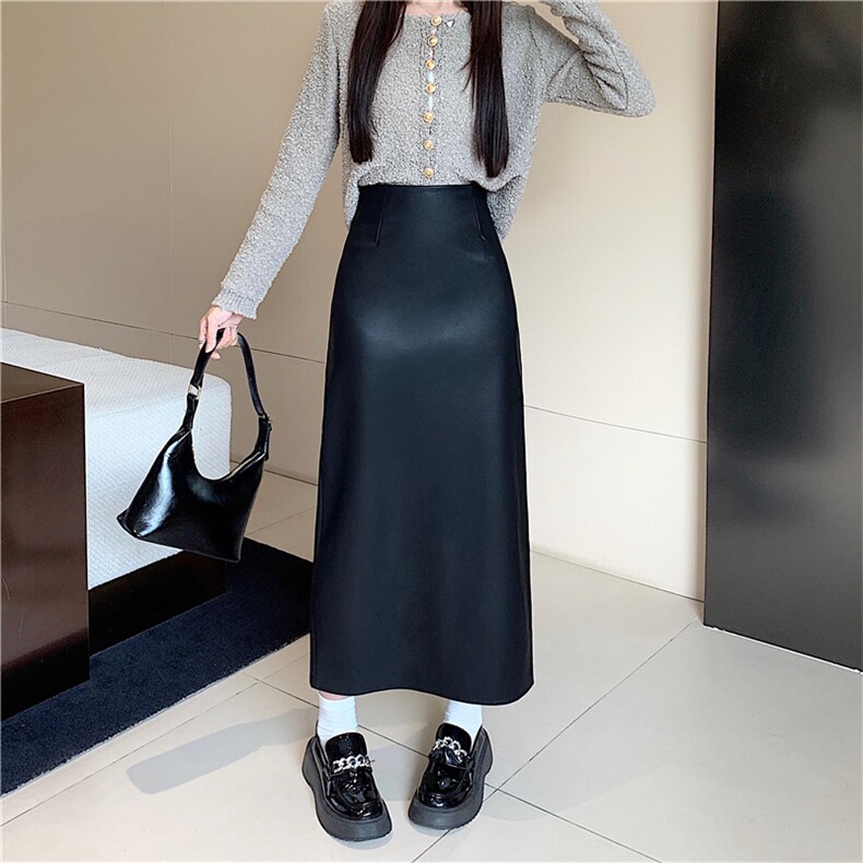 皮裙半身裙女秋冬季2024新款中长款直筒包臀裙咖色一步包裙子,女装半身裙,梦白服饰厂