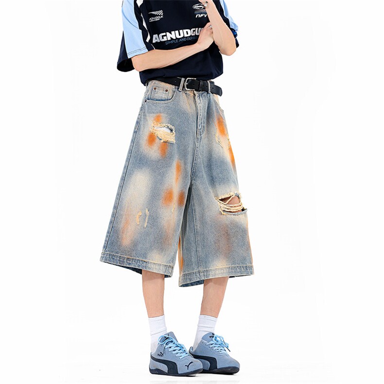 夏季2025新款美式脏染破洞七分牛仔裤xz906-1-K1287P58控88,男装牛仔裤,星座906-1（原电商a316-2）