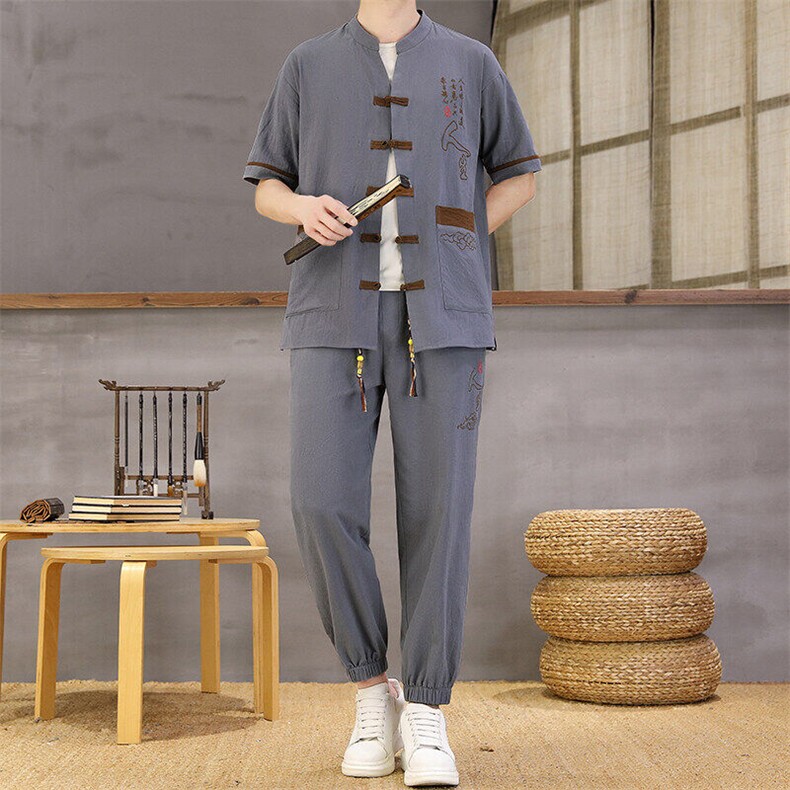 风夏季两件套男士冰丝宽松短袖套装民族男装汉服,男装T恤,星座1206（原A206）