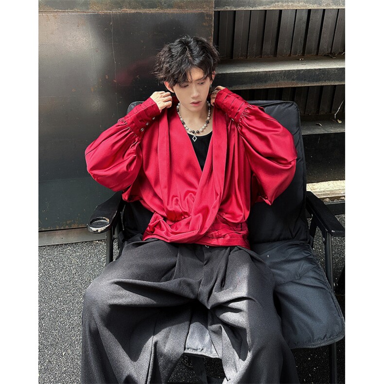 现货！25秋亮面男模夜店风宫廷设计感大V领性感衬衫上衣CS61-P98,男装衬衫,电商B288