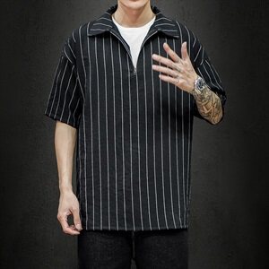灰墙 夏季条纹拉链新款短袖体恤衫潮男宽松大码polo衫T2005-P40图片