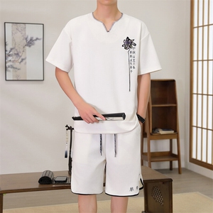 （版权注册 仿款必究）风套装男夏季V领唐装新中式刺绣两件图片