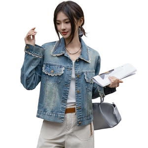 bao款蓝色牛仔外套女短款2025春季新款时尚气质直筒毛边夹克上衣图片