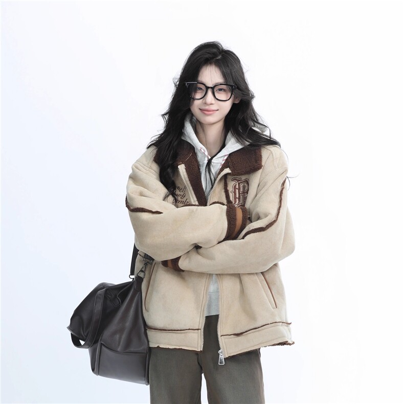 【坐吃山空】冬季加厚麂皮绒羊羔毛棉服外套女美式复古棉袄夹克潮图片