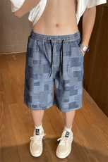 现货S-3XL大码格子牛仔短裤直筒五分裤310A-2BK402P36，男装牛仔裤，星座310A-2