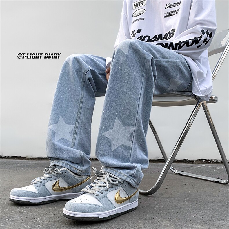 B221美式ins高街小众五角星喷墨直筒牛仔裤LK23014-P60控78,男装牛仔裤,电商B221