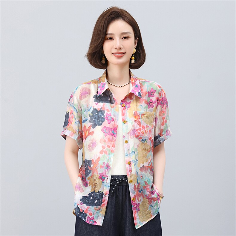 叶笙衣2552衬衫领短袖印花上衣,女装衬衫,叶笙衣