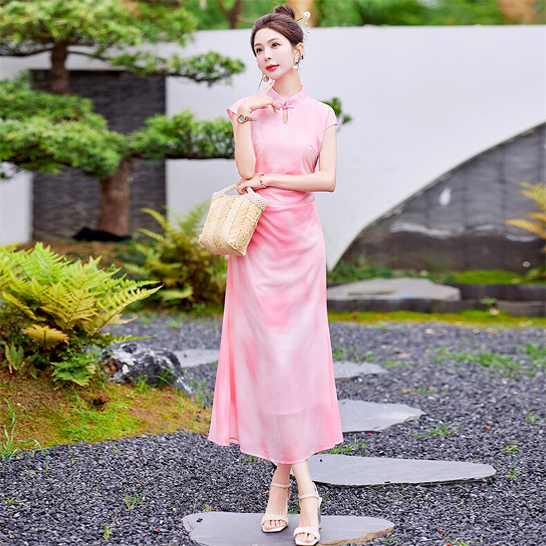 芷墨夏季新中式复古改良旗袍裙女日常通勤显瘦镂空盘扣优雅长裙女,女装连衣裙,芷墨服饰