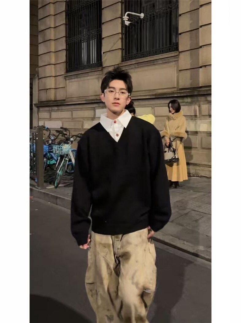 现货~高智感V领假两件polo氛围感高级老钱针织毛衣MY2576批68,男装针织衫/毛衣,星座1411A-6