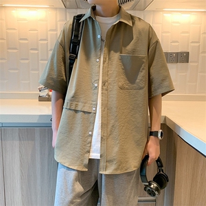 直播款M-3XL高品质男生短袖衬衫宽松港风CS4112-A409-1,上胖下瘦的男生穿搭图片