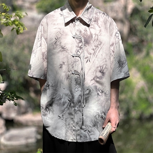 新中式复古衬衫短袖风竹叶水墨画印花大码CS33-P65-控88图片