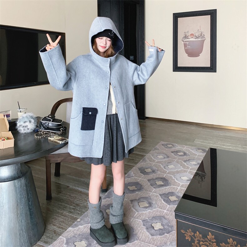 新款xian货拼色连帽双面呢AD939-P285K408,女装毛呢外套,2B187