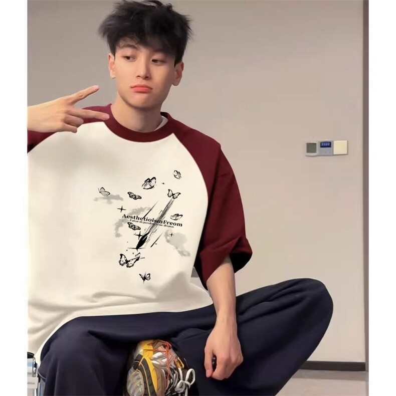 抖音得物高品质二开240克宽松纯棉美式潮牌插肩袖拼接短袖T恤,男装T恤,电商A486