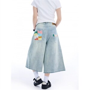 美式复古字母印花牛仔七分裤男女夏季高街宽松显瘦阔腿短裤潮图片