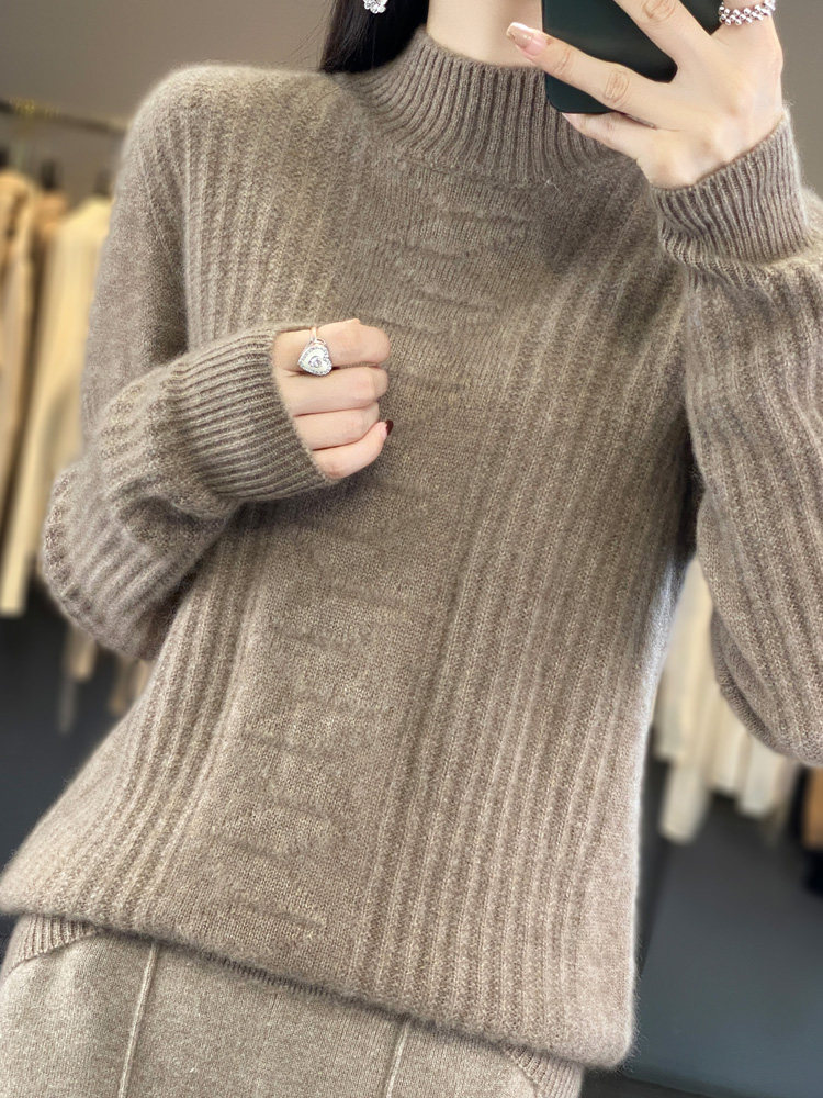 加厚半高领羊毛衫女秋冬新款针织衫宽松时尚提花羊绒衫毛衣打底,针织衫/毛衣,暖绒情旗舰店
