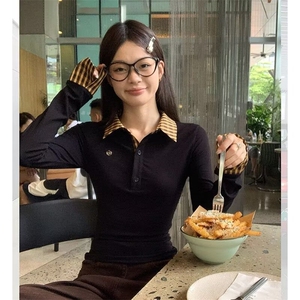 假两件格子纹拼接polo领长袖t恤女春秋修身打底衫设计感小众上衣图片